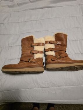 UGG Chestnut Suede Shearling Mid-Calf Buckle Boots